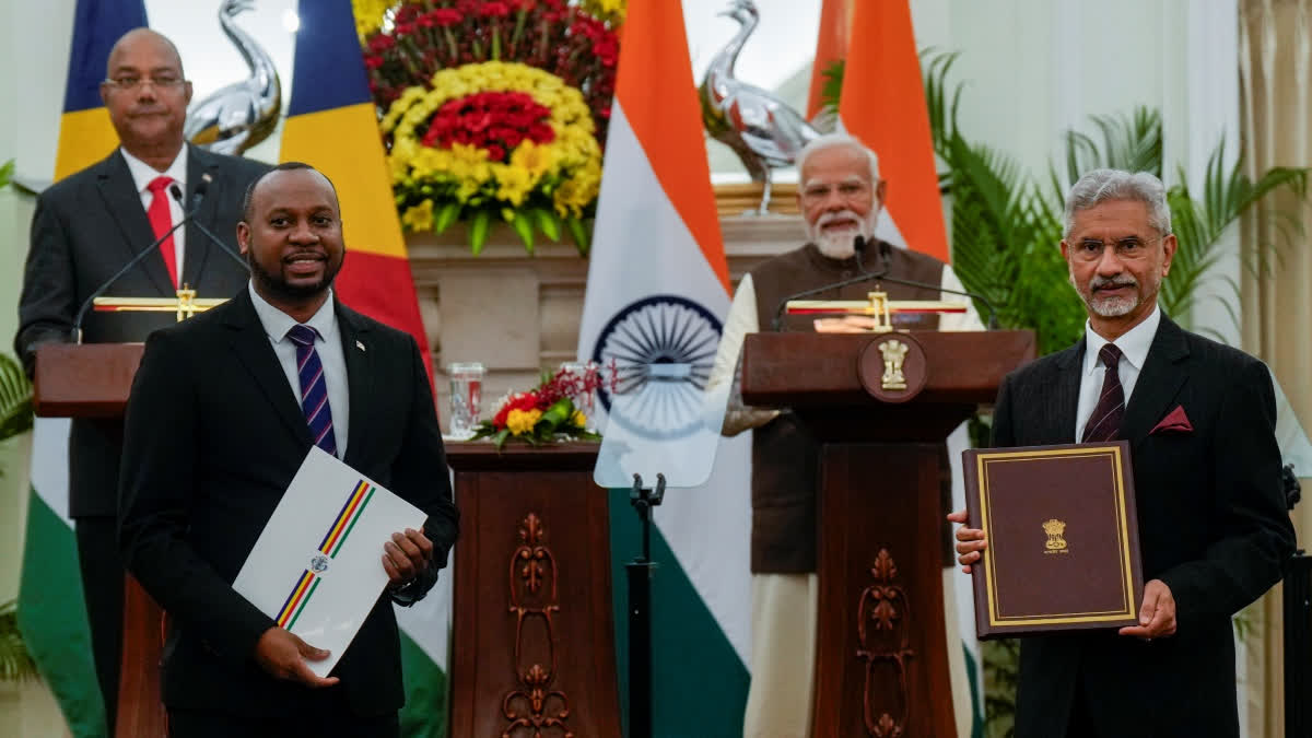 External Affairs Minister S. Jaishankar, right, and Minister for Health of Seychelles Marvin Fanny exchange documents during a joint press statement after a meeting between Prime Minister Narendra Modi and President of Seychelles Patrick Herminie, at the Hyderabad House, in New Delhi, Monday, Feb. 9, 2026.
