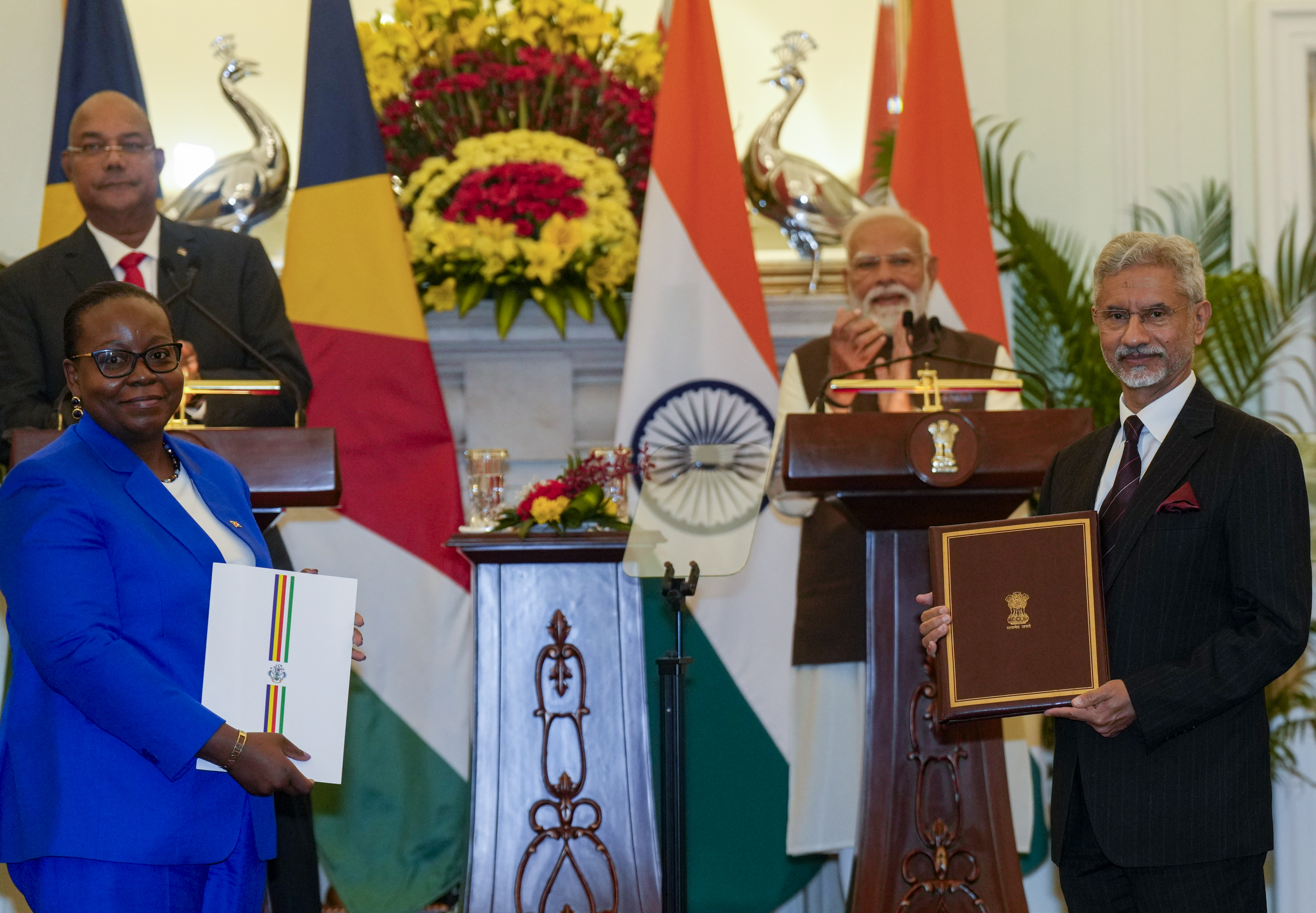 External Affairs Minister S. Jaishankar, right, and Minister for Environment, Climate, Energy and Natural Resources of Seychelles Marie-May Jeremie exchange documents during a joint press statement after a meeting between Prime Minister Narendra Modi and President of Seychelles Patrick Herminie, at the Hyderabad House, in New Delhi, Monday, Feb. 9, 2026.