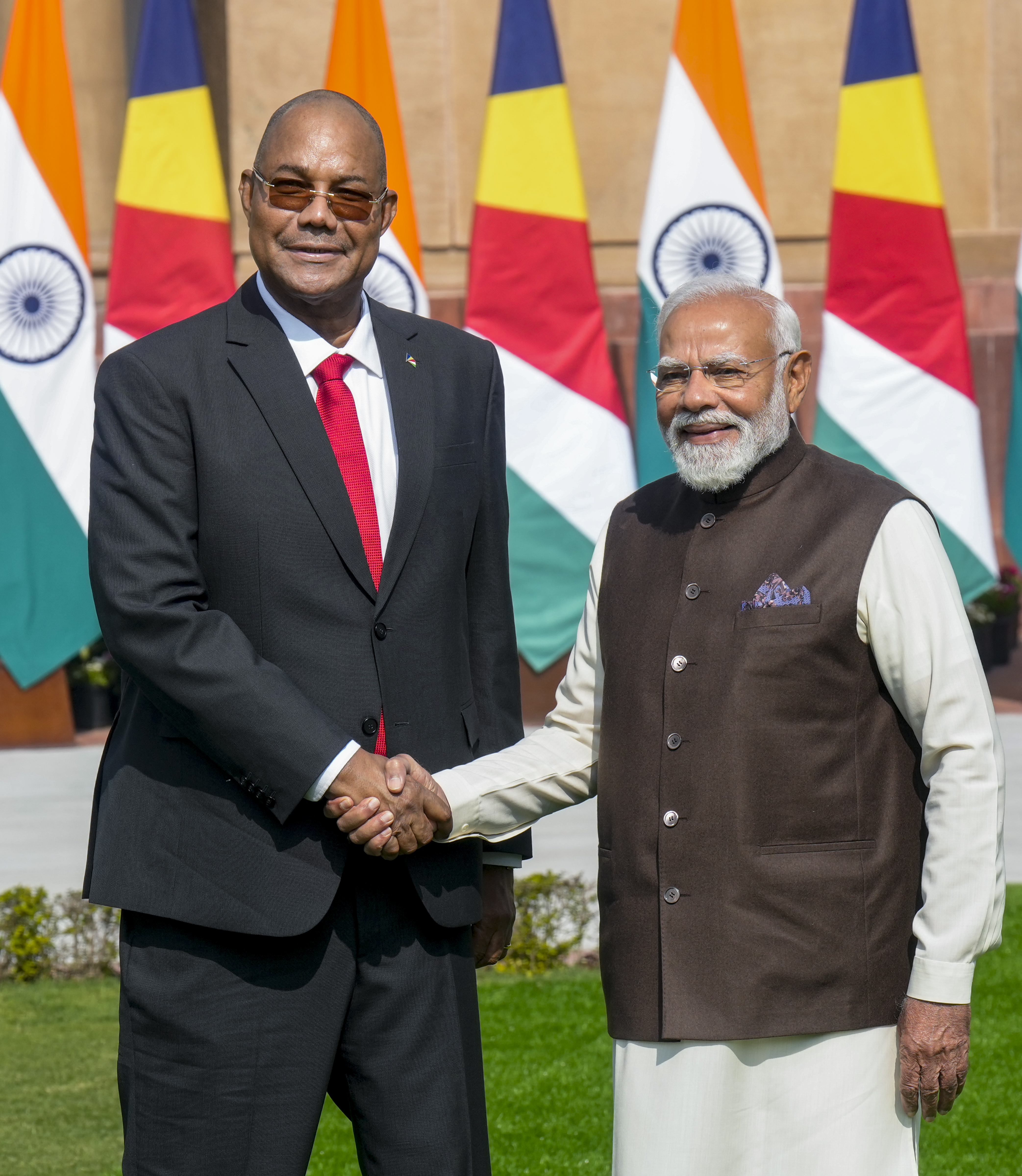 Prime Minister Narendra Modi with President of Seychelles Patrick Herminie prior to their meeting at the Hyderabad House, in New Delhi, Monday, Feb. 9, 2026.