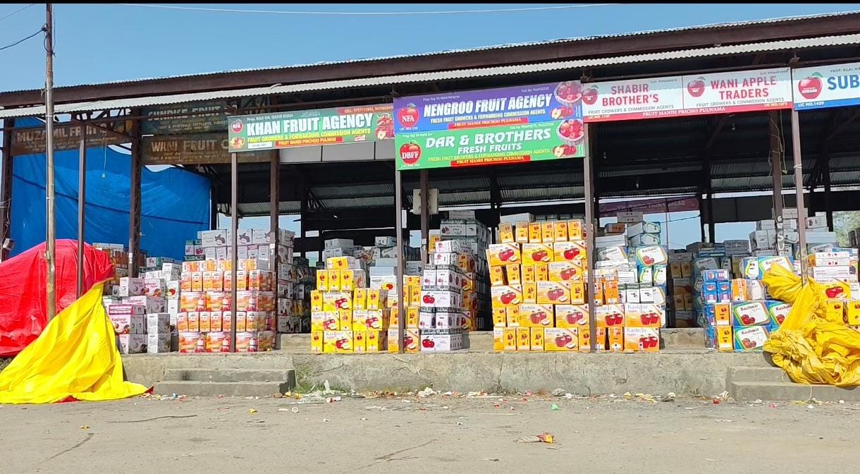 Apple boxes at a fruit market in Kashmir