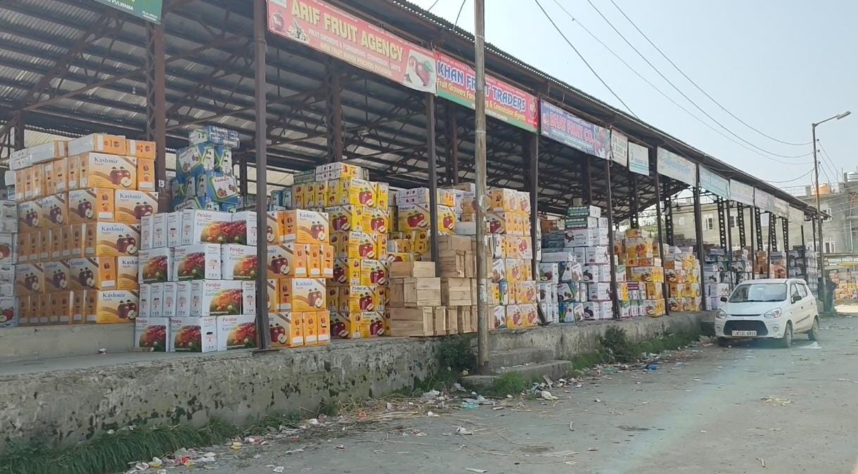 Apple boxes at a fruit market in Kashmir