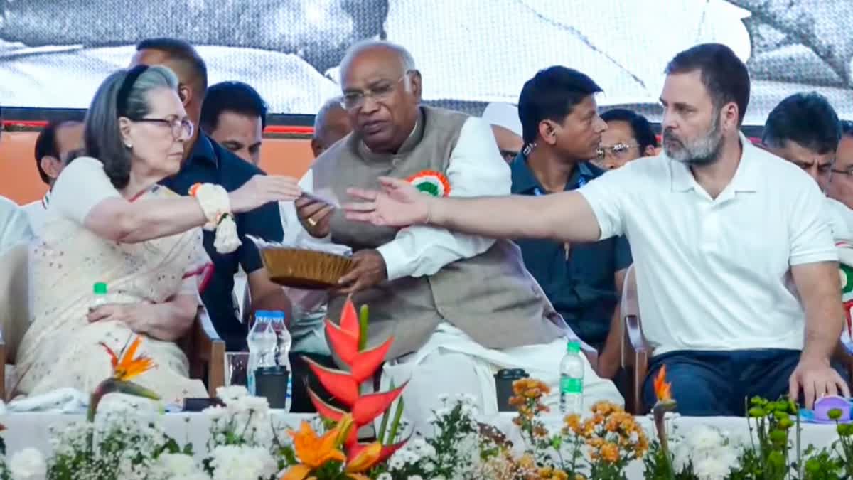 Congress President Mallikarjun Kharge, Congress Parliamentary Party chairperson Sonia Gandhi and Leader of Opposition in Lok Sabha Rahul Gandhi attending the AICC session at the banks of the Sabarmati river, in Ahmedabad.