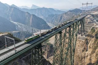 A view of the world's highest railway bridge across the Chenab river along the Udhampur Srinagar Baramulla Rail Link, in Reasi