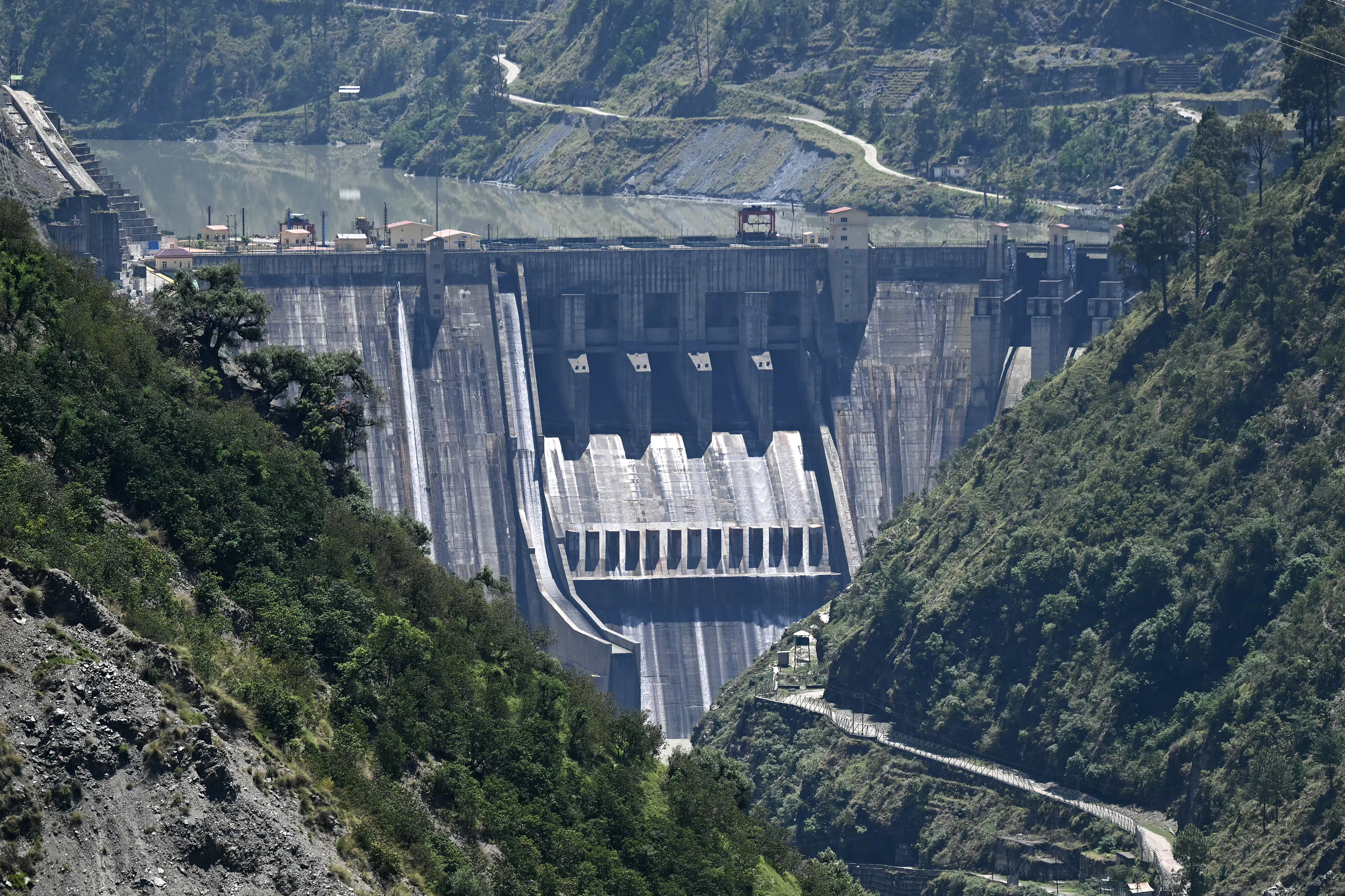 This photograph taken on May 15, 2025 shows a general view of the Baglihar Dam, also known as Baglihar Hydroelectric Power Project, on the river Chenab in the Ramban district of Jammu and Kashmir.