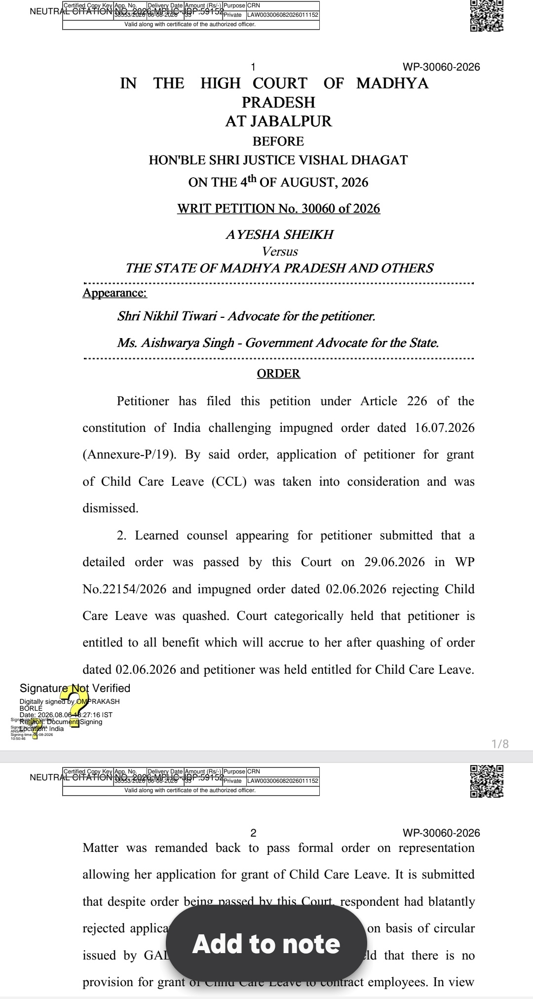 Contract employe eligible for child care leave