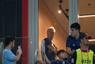 Argentina's forward #10 Lionel Messi's father Jorge Messi (L) waits in the tribune ahead of the start of the Qatar 2022 World Cup Group C football match between Poland and Argentina at Stadium 974 in Doha on November 30, 2022.