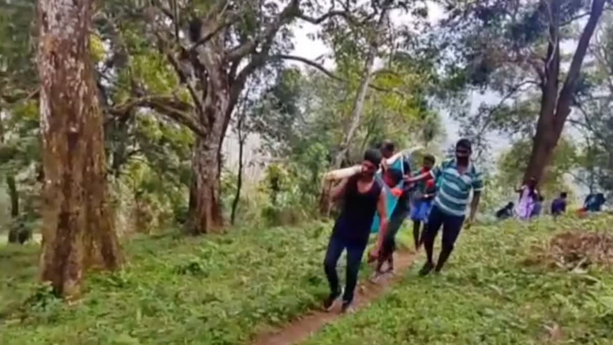 தொட்டிலில் கட்டி மருத்துவமனைக்கு கொண்டு செல்லப்பட்ட பெண்