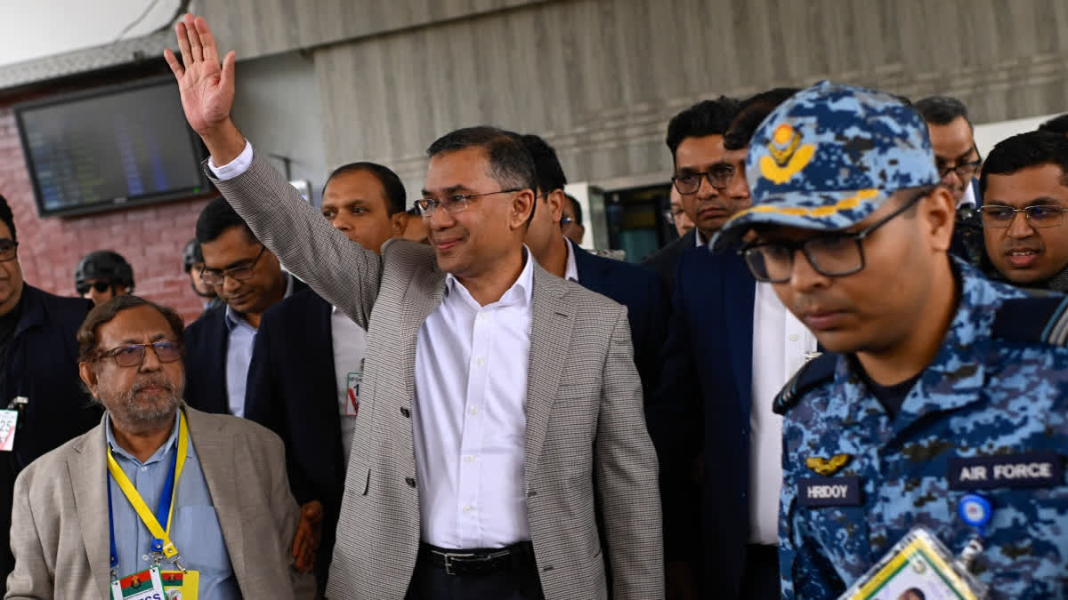 Bangladesh Nationalist Party (BNP) Acting Chairman, Tarique Rahman, waves to supporters at Hazrat Shahjalal International Airport in Dhaka after returning from London, ending more than 17 years of self-imposed exile, Thursday.