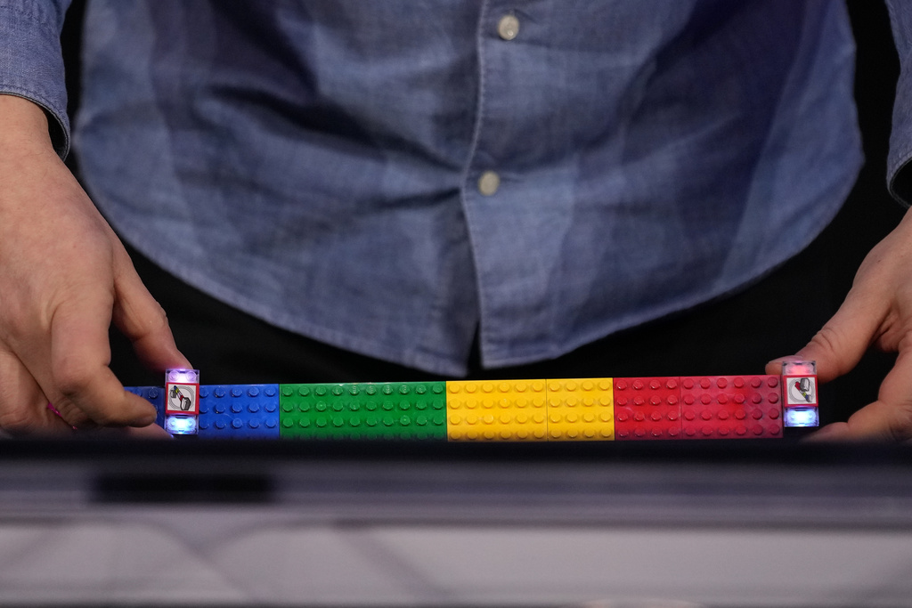 LEGO smart bricks are shown during a LEGO news conference ahead of the CES tech show Monday, Jan. 5, 2026, in Las Vegas.
