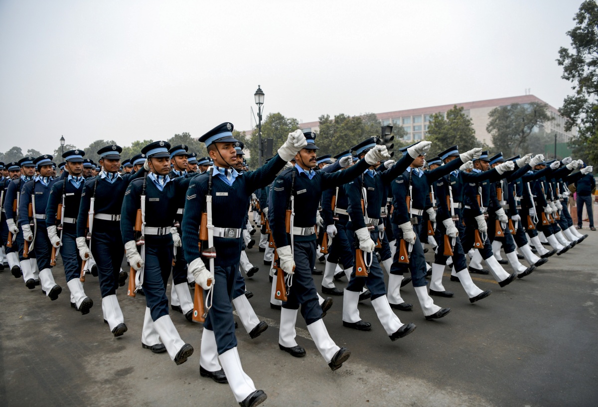 Indian Air Force personnel take part in rehearsals for the upcoming Republic Day Parade 2026 at Kartavya Path