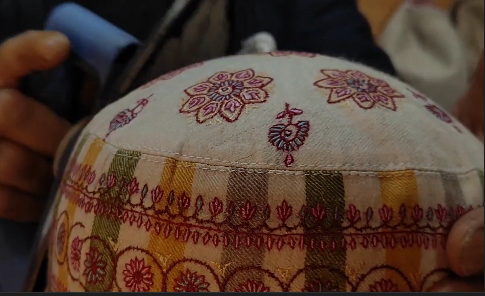 A Sozni cap on display in Srinagar