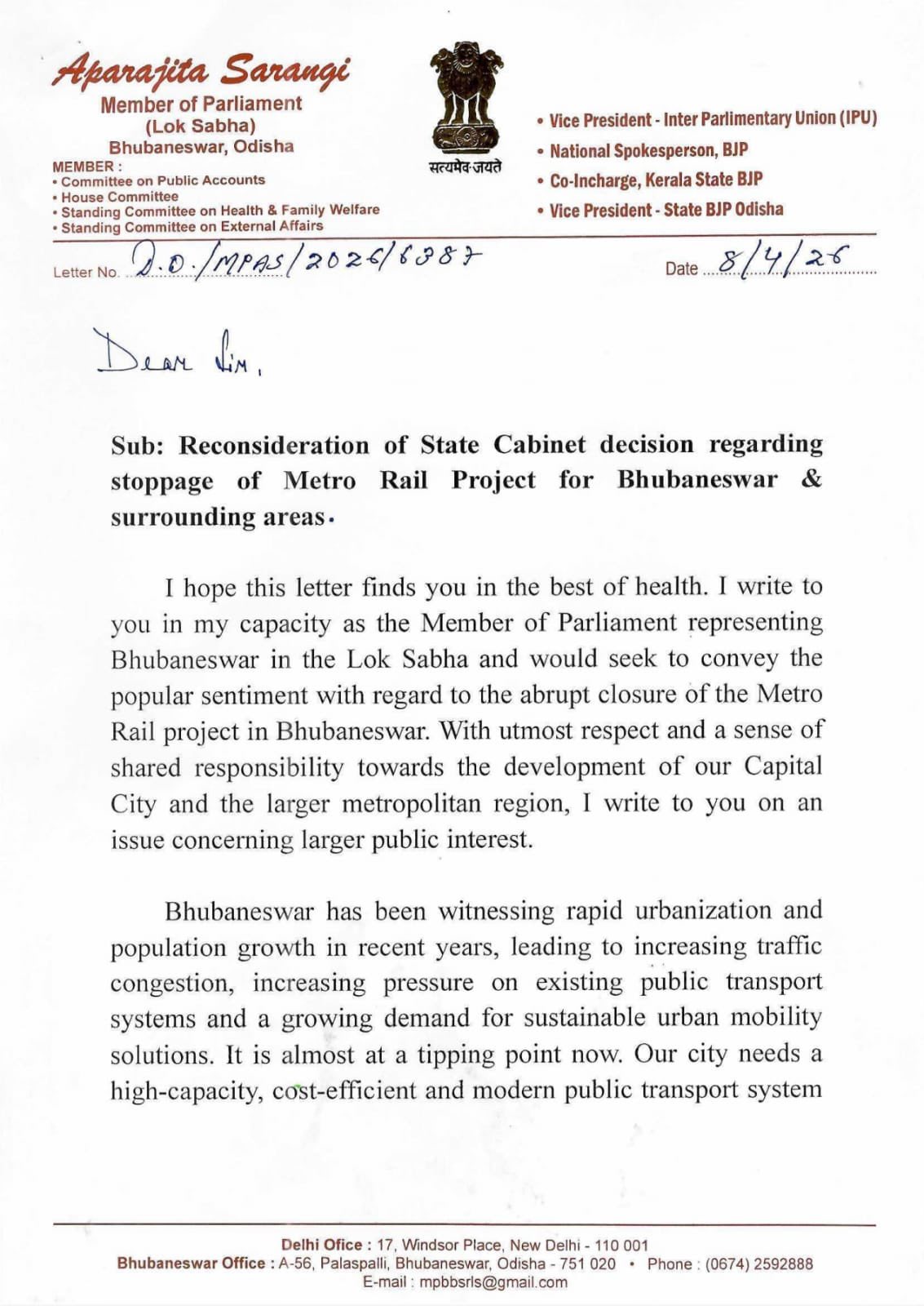 MP Aparajita Sarangi Writes To CM Mohan Majhi On Bhubaneswar Metro Rail Project