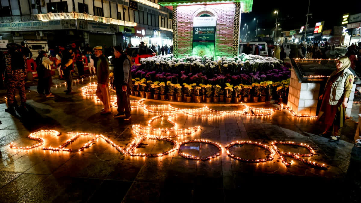 A view of diyas on the Operation Sindoor theme during Deep Utsav, near Clock Tower in Srinagar on Oct 21, 2025.