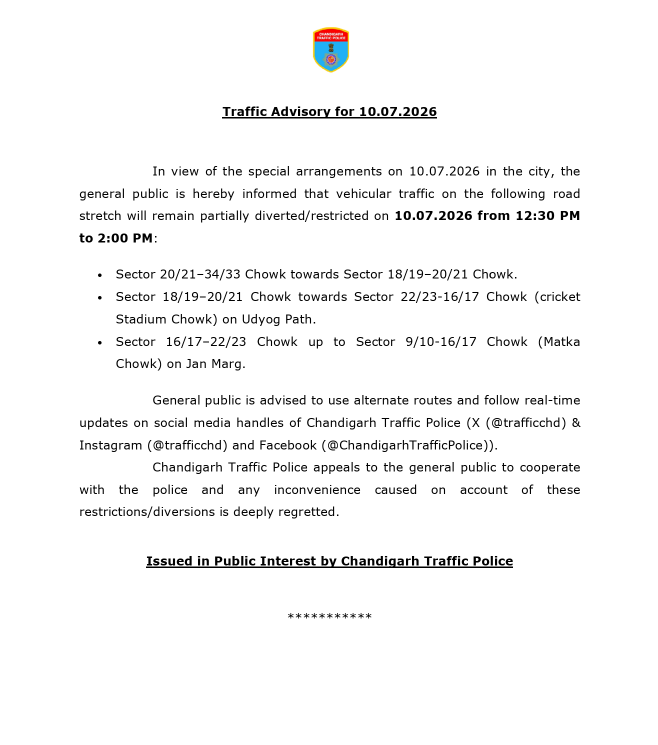 Chandigarh Traffic advisory