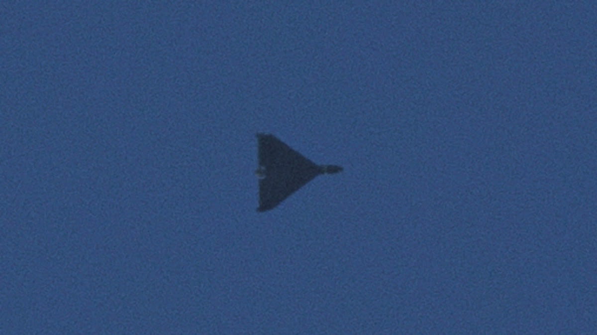 A Shahed drone flies during a Russian strike on Kyiv, Ukraine, on Sunday, Sept. 7, 2025.