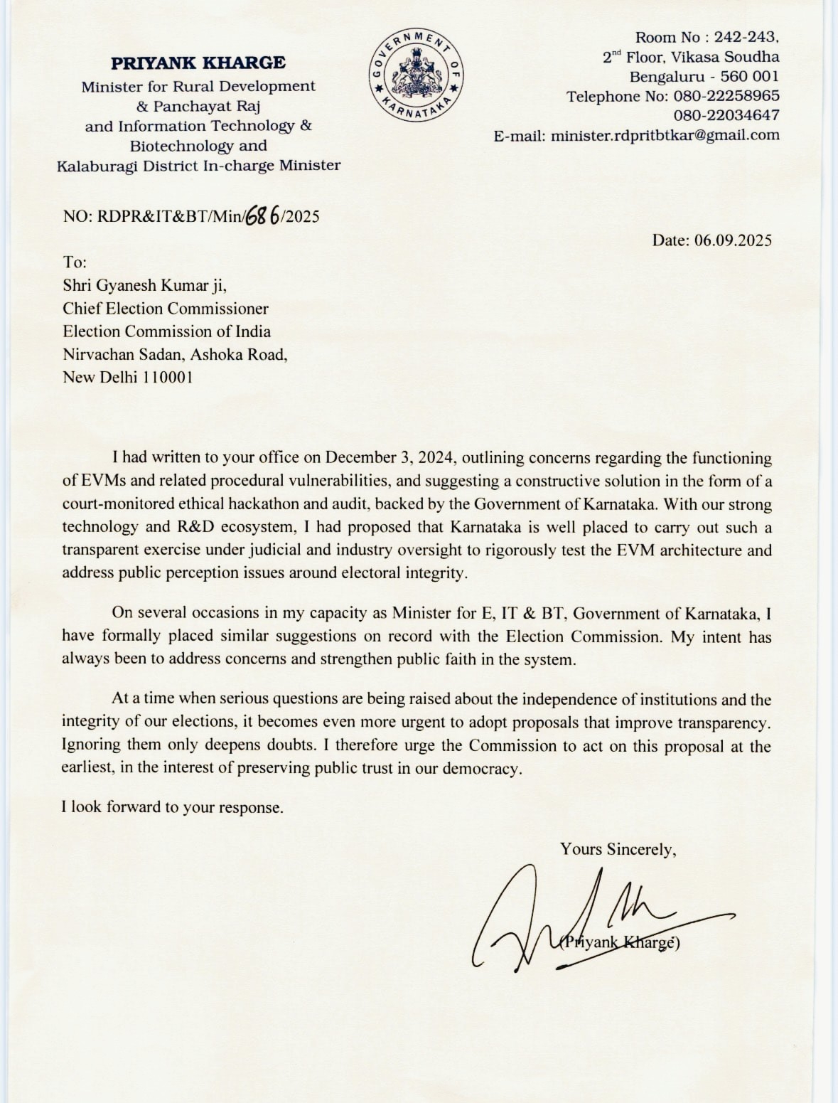 A copy of Kharge's letter to the ECI.