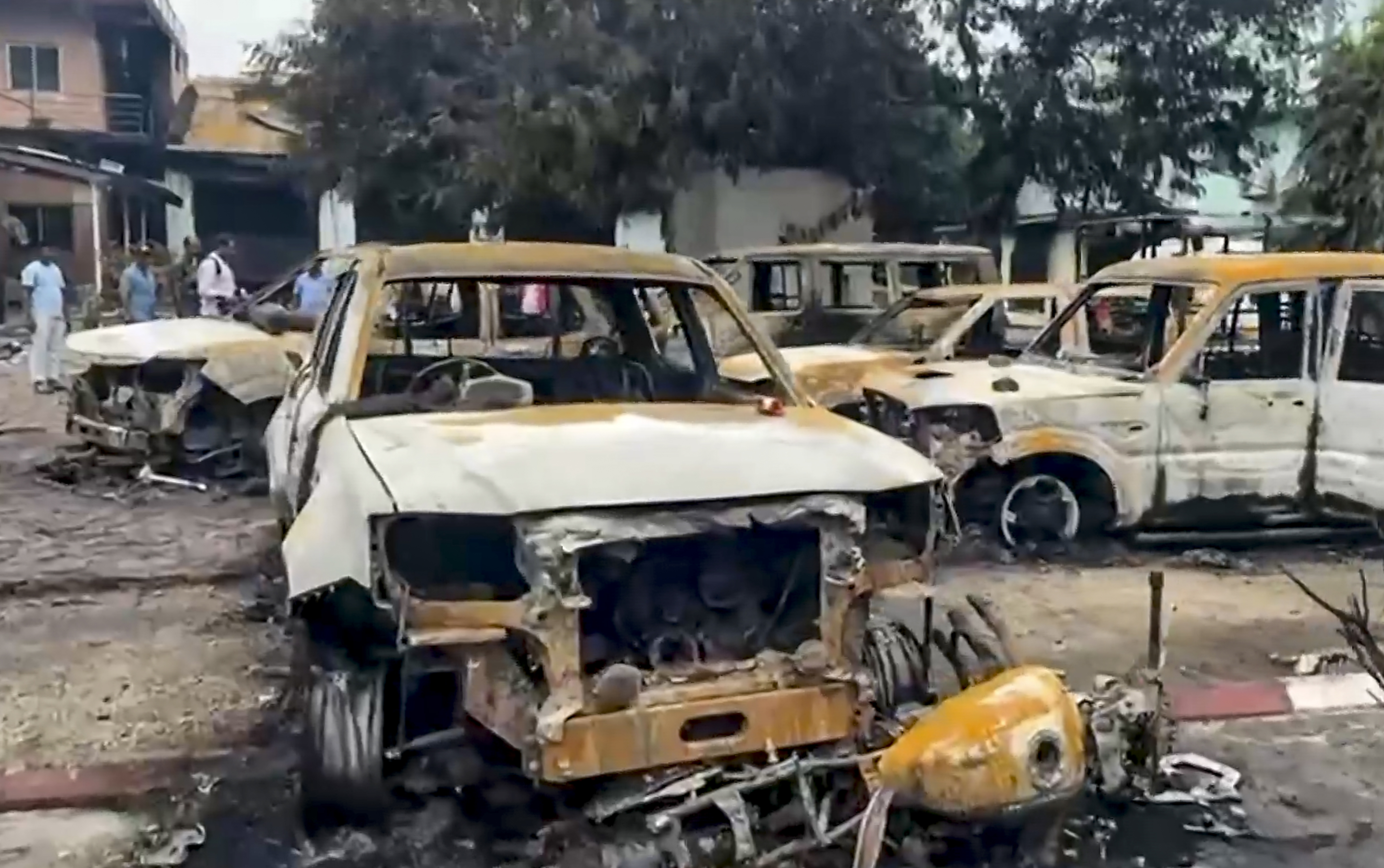 Charred vehicles after anti-government protests and clashes, in the Ghanta Ghar area, Birgunj, Nepal, Wednesday, Sept. 10, 2025.