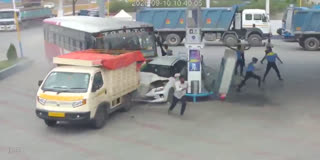 RTC Bus Rams Into Petrol Bunk