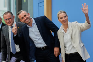 Co-leaders of Alternative for Germany party, or AfD, Alice Weidel, right, and Tino Chrupalla, left, and top candidate for the Saxony-Anhalt state elections Ulrich Siegmund, center, attend a press conference in Berlin, Germany, on Monday.