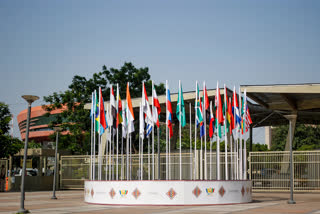 BRICS flags are displayed outside Bharat Mandapam ahead of the 18th BRICS Summit, in New Delhi on Wednesday.