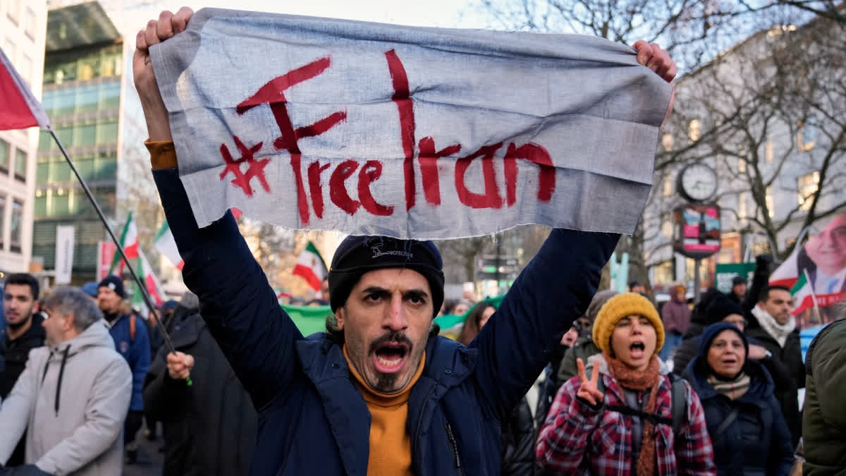 Protesters participate in a demonstration in Berlin, Germany, in support of the nationwide mass protests in Iran against the government, Saturday, Jan. 10, 2026.