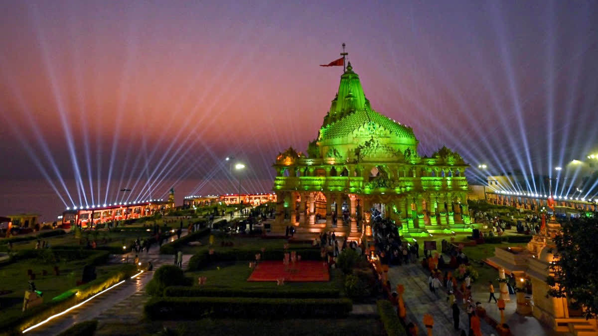 The illuminated Somnath Temple amid preparations ahead of Prime Minister Narendra Modi's scheduled visit, in Gir Somnath district, Gujarat, Friday, Jan. 9, 2026.