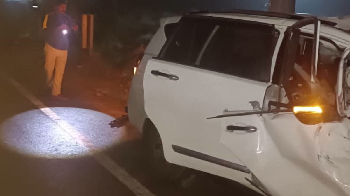 The mangled car in which the Kohlapur DSP was travelling.