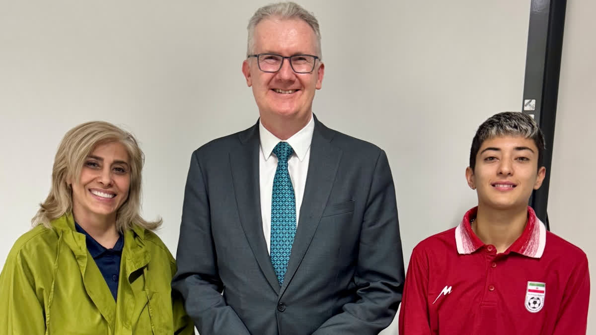 2 More Members Of The Iranian Women’s Soccer Team Granted Asylum In Australia In this photo supplied by Australia's Minister for Home Affairs, Tony Burke's office, the Minister, Tony Burke, center, with two woman from the Iranian women soccer squad who have been granted humanitarian visas, in Brisbane, Australia, Tuesday, March 10, 2026.