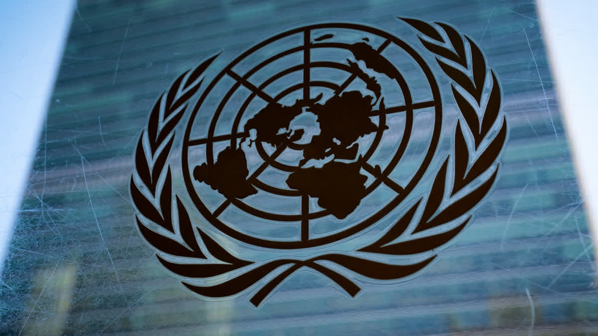 FILE - The symbol of the United Nations is displayed outside the Secretariat Building, Feb. 28, 2022, at United Nations Headquarters.