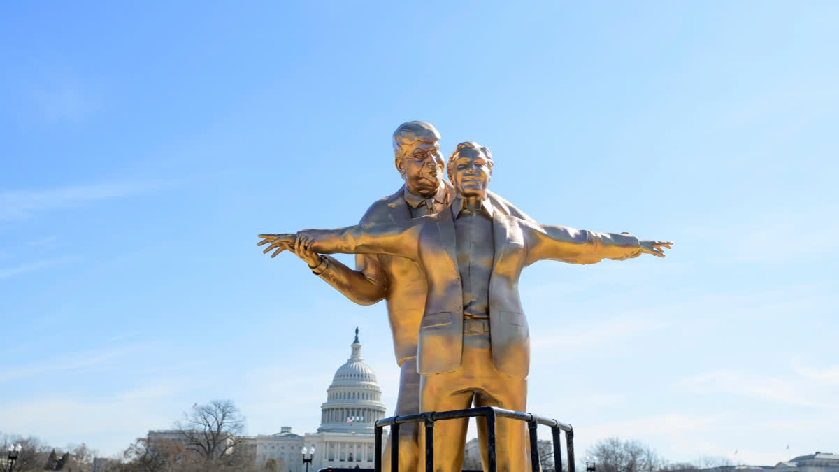'Titanic'-Themed Satirical Statue Of Trump-Epstein Appears In Front Of US Capitol Protest art representing President Donald Trump and Jeffrey Epstein on the National Mall near the Capitol, Tuesday, March 10, 2026, in Washington.