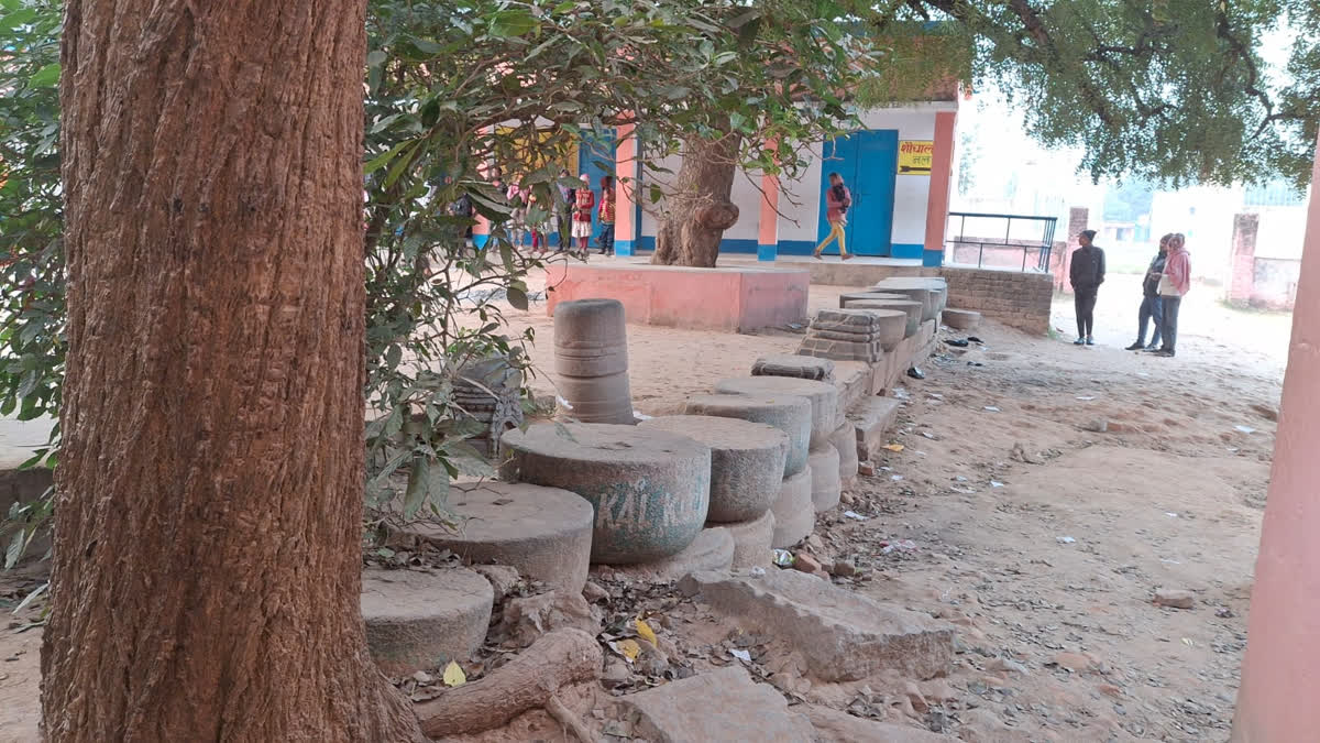 Various stone antiquities kept at the government school premises at Dubba