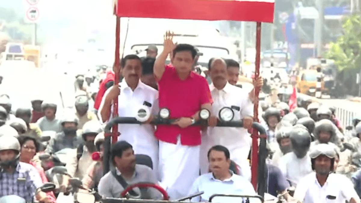 Kerala PWD minister PA Mohammed Riyas at a protest rally.