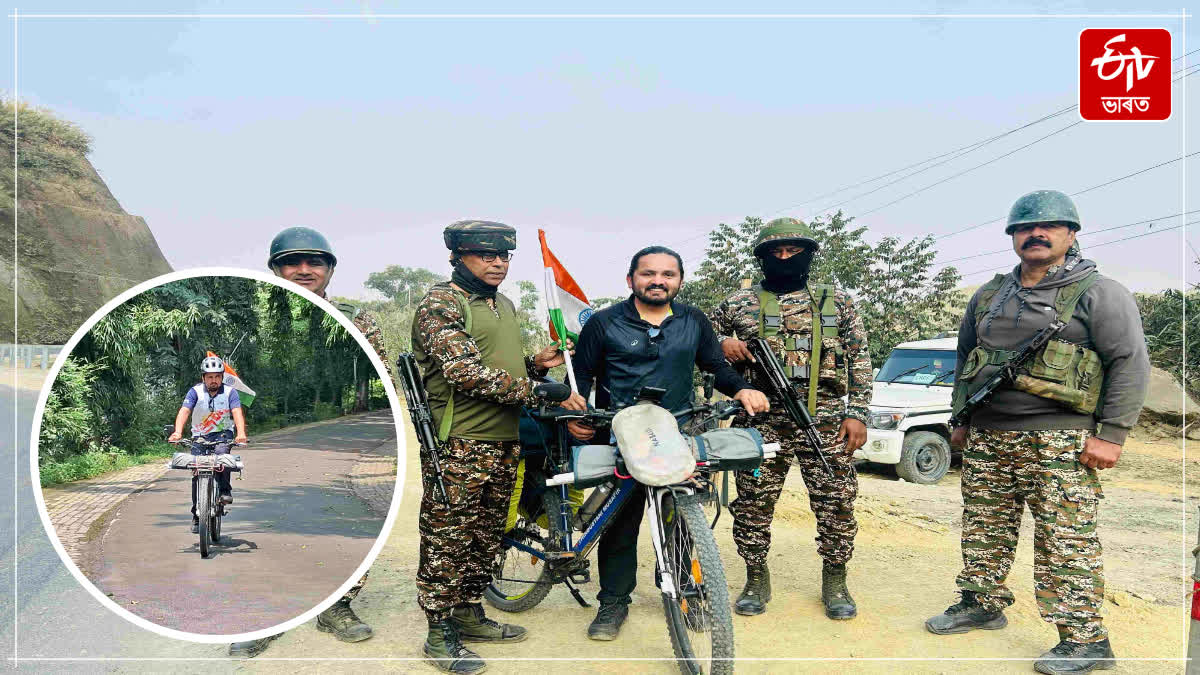 Papu Ram Chowdhury is cycling around promoting messages of environmental protection and national unity