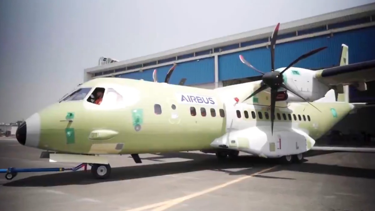 An Airbus C295 military aircraft approaches the runway for takeoff