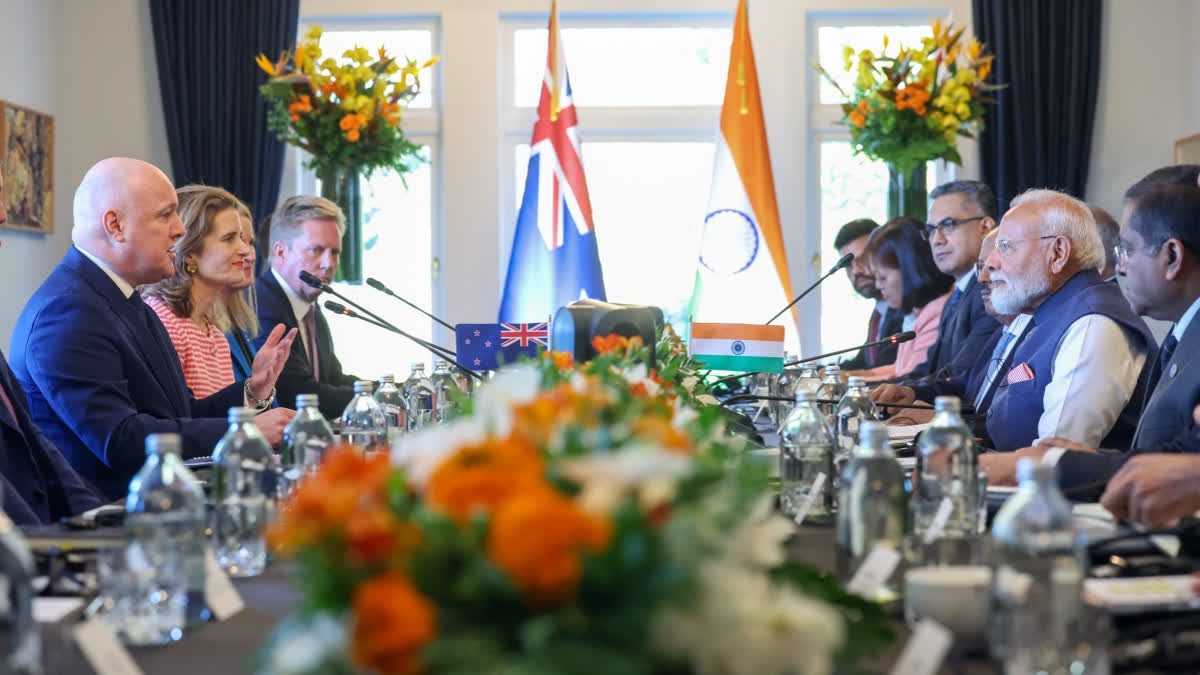 Prime Minister Narendra Modi and New Zealand Prime Minister Christopher Luxon and others during a delegation level meeting.