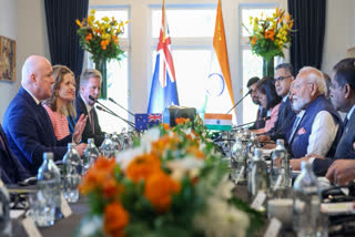 Prime Minister Narendra Modi and New Zealand Prime Minister Christopher Luxon and others during a delegation level meeting.