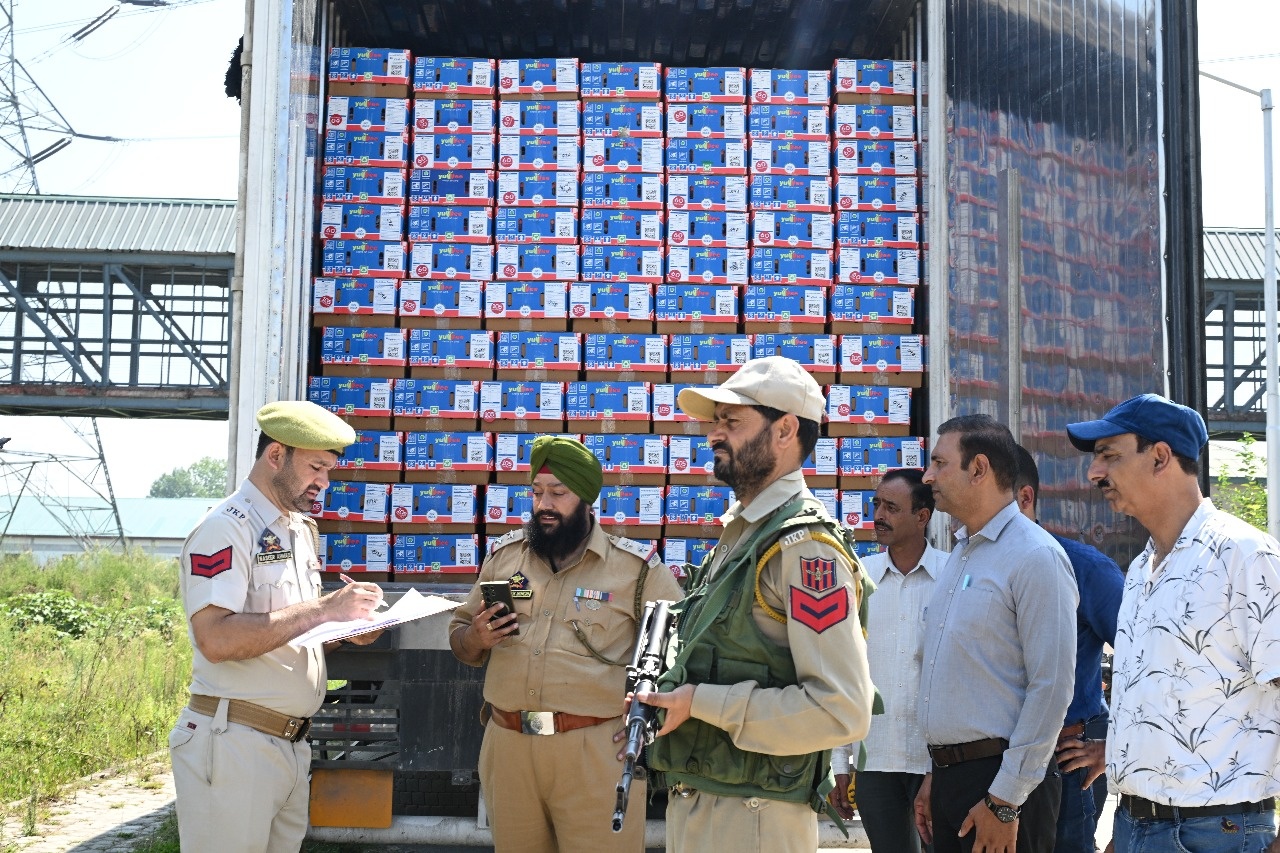 Apple boxes before they are loaded in the first parcel train from Kashmir to Delhi at Budgam station in J&K on Thursday, Sept 11 2025.