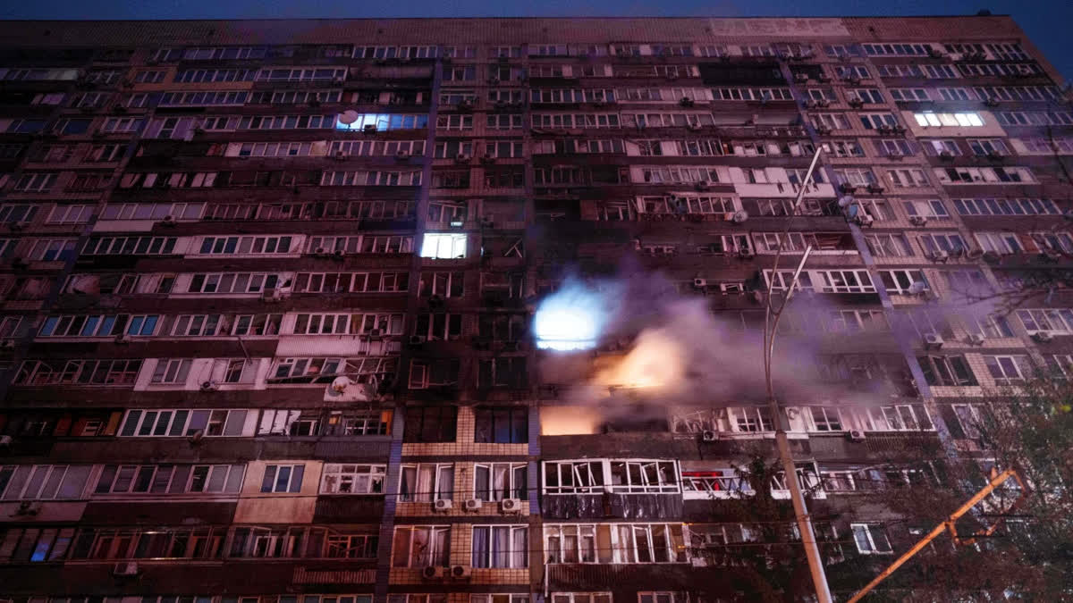 Russian Strikes Wound At Least 20 In Ukraine's Capital As Child Is Killed In Separate Attack A residential building is damaged by a Russian strike on a residential neighborhood in Kyiv, Ukraine, on Friday, Oct. 10, 2025.