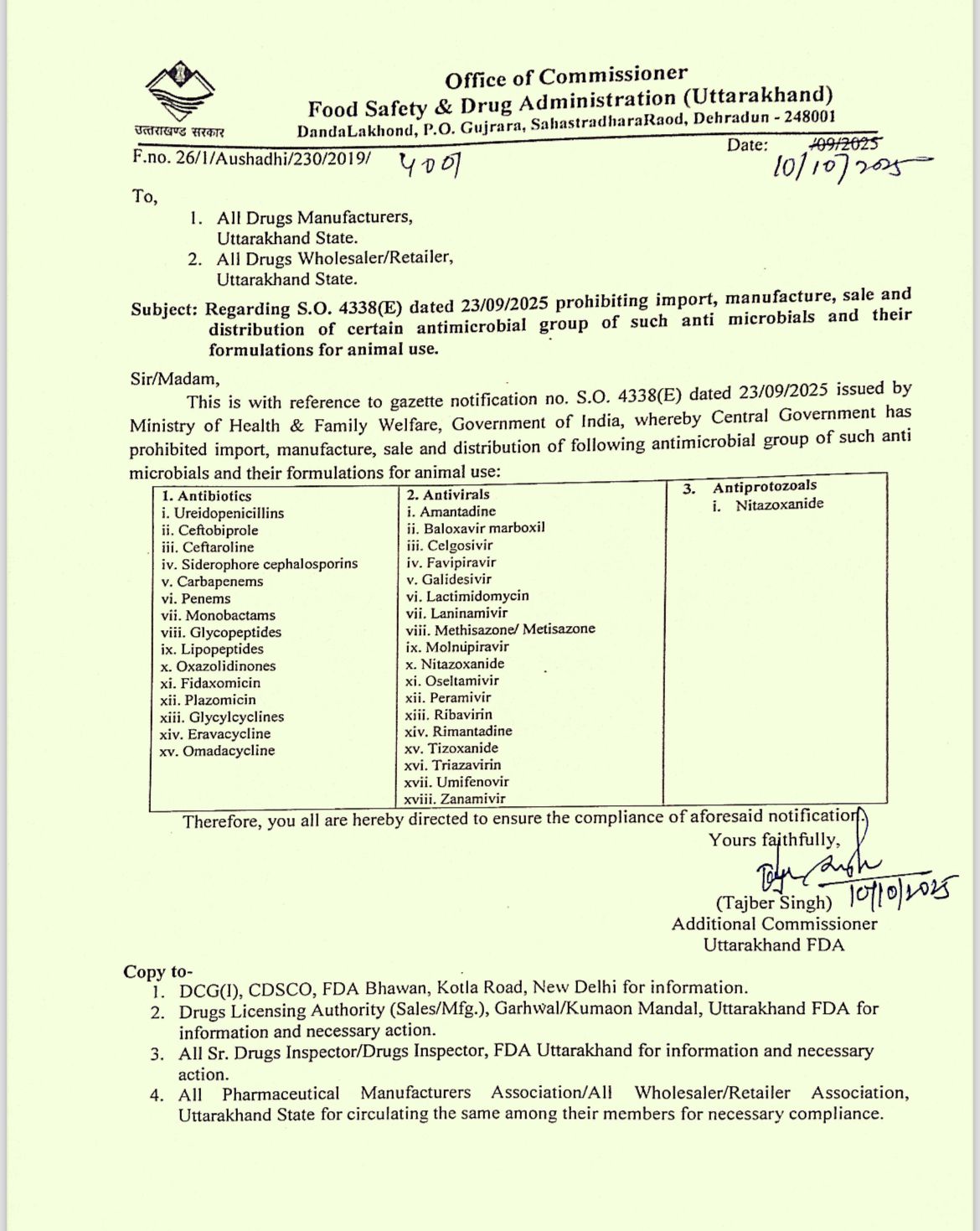 Ban on antimicrobial drugs