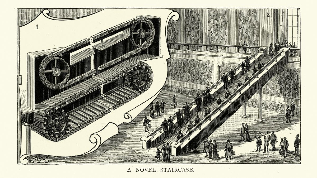 Vintage engraving of Invention of the escalator, moving staircase, 19th Century