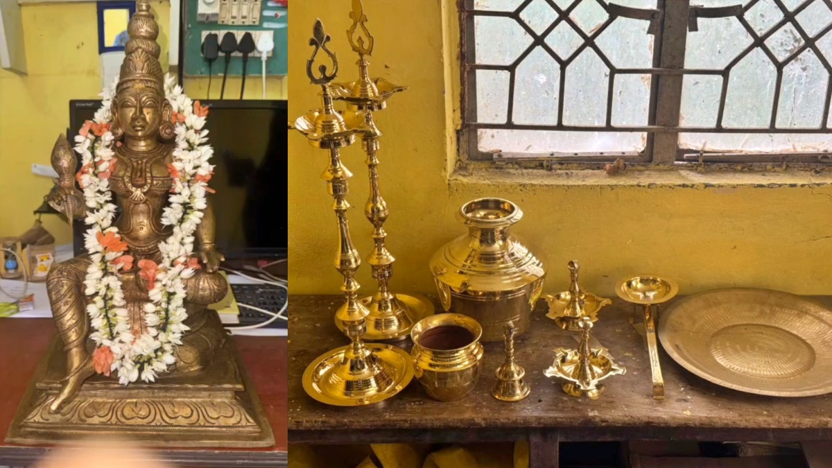 பறிமுதல் செய்யப்பட்ட அம்மன் சிலை மற்றும் பித்தளை பொருள்கள்