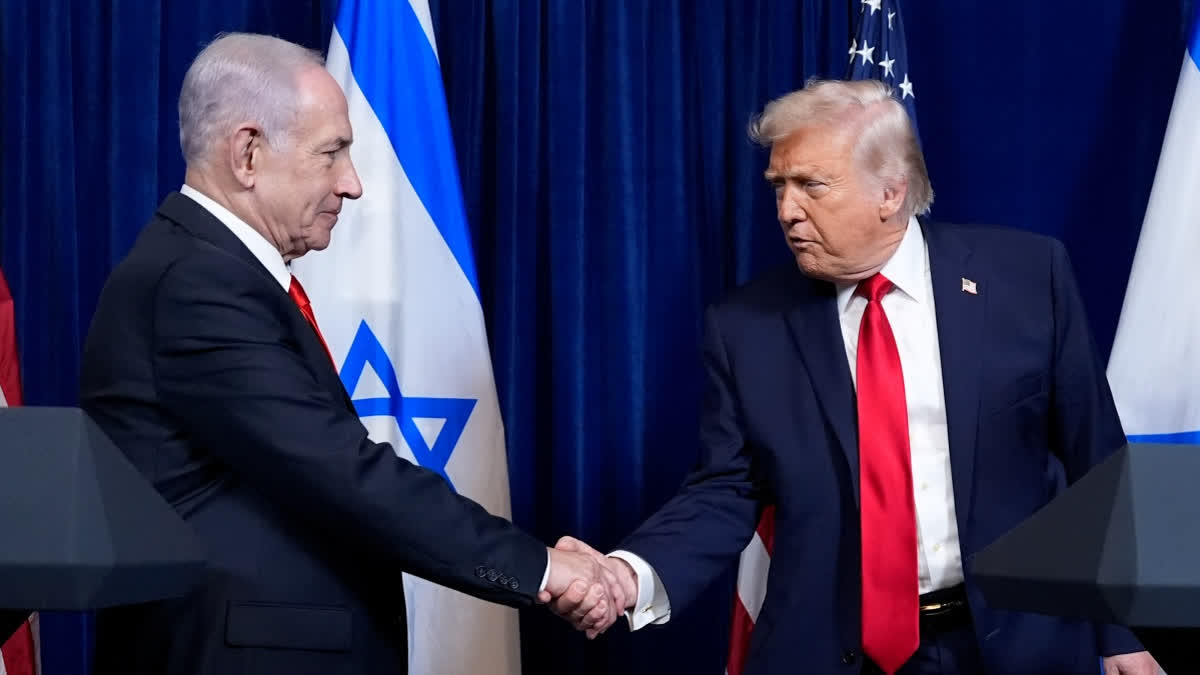 US President Donald Trump shakes hands with Israel's Prime Minister Benjamin Netanyahu