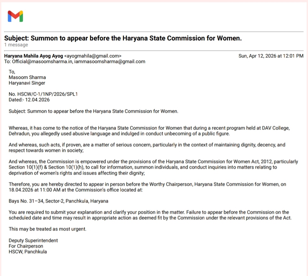 Haryana State Women Commission issues notice to singer Masoom Sharma