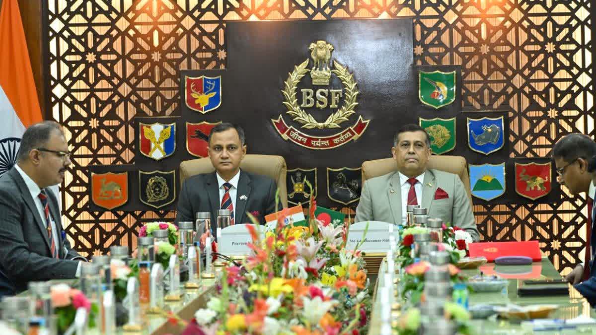 Director General of Border Security Force Praveen Kumar and Director General of Border Guard Bangladesh Major General Mohammad Ashrafuzzaman Siddiqui with members of the Indian and Bangladesh delegations during the 57th Director General-level Border Coordination Conference between the BSF and BGB at BSF Headquarters in New Delhi on Friday.