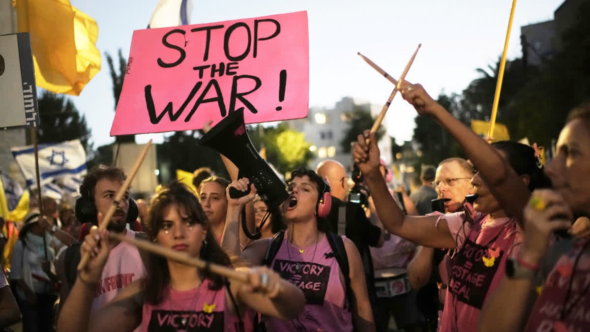 FILE - People take part in a protest demanding the immediate release of all hostages held by Hamas and calling for the end to the war in Gaza, in Jerusalem, Wednesday, Sept. 3, 2025.