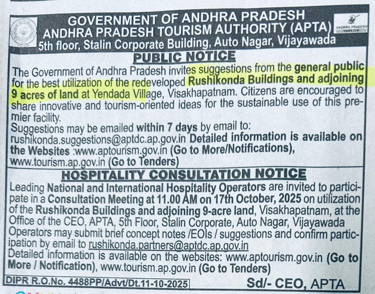 Govt Public Notice For Rushikonda Palace