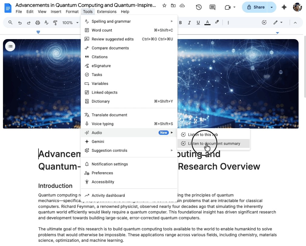 This screenshot shows how to listen to an AI audio summary of a document.