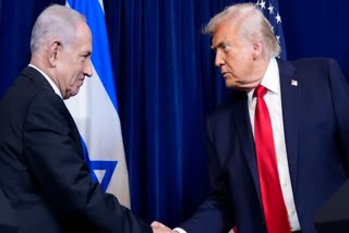 FILE - President Donald Trump shakes hands with Israel's Prime Minister Benjamin Netanyahu during a news conference at Mar-a-Lago, Dec. 29, 2025, in Palm Beach, Fla