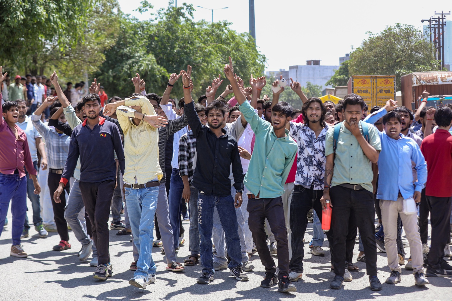 Factory workers during a protest demanding a hike in wages, in Noida, Gautam Buddh Nagar district, Uttar Pradesh, Monday, April 13, 2026.
