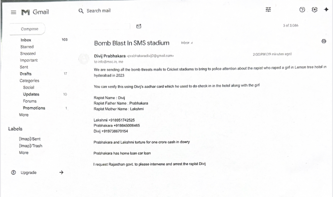A screenshot of the threat email.
